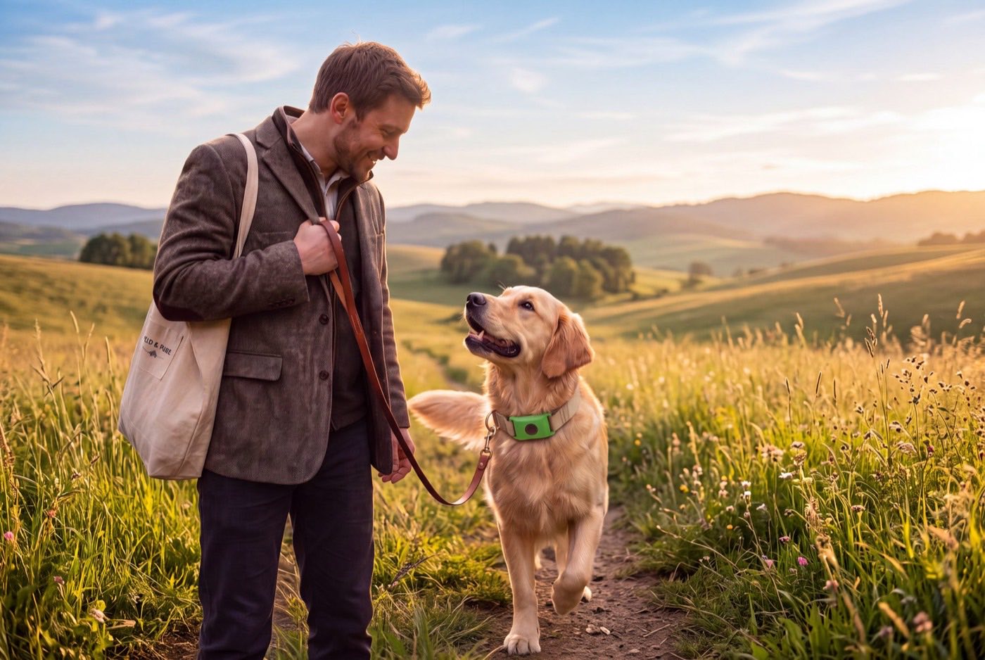 Un maître et son golden retriever, clip Wofclap au collier, en balade dans un champ